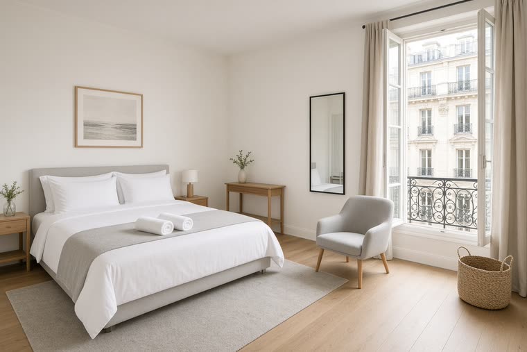 Lo studio, con letto, tavolo e portafinestra sul balconcino
