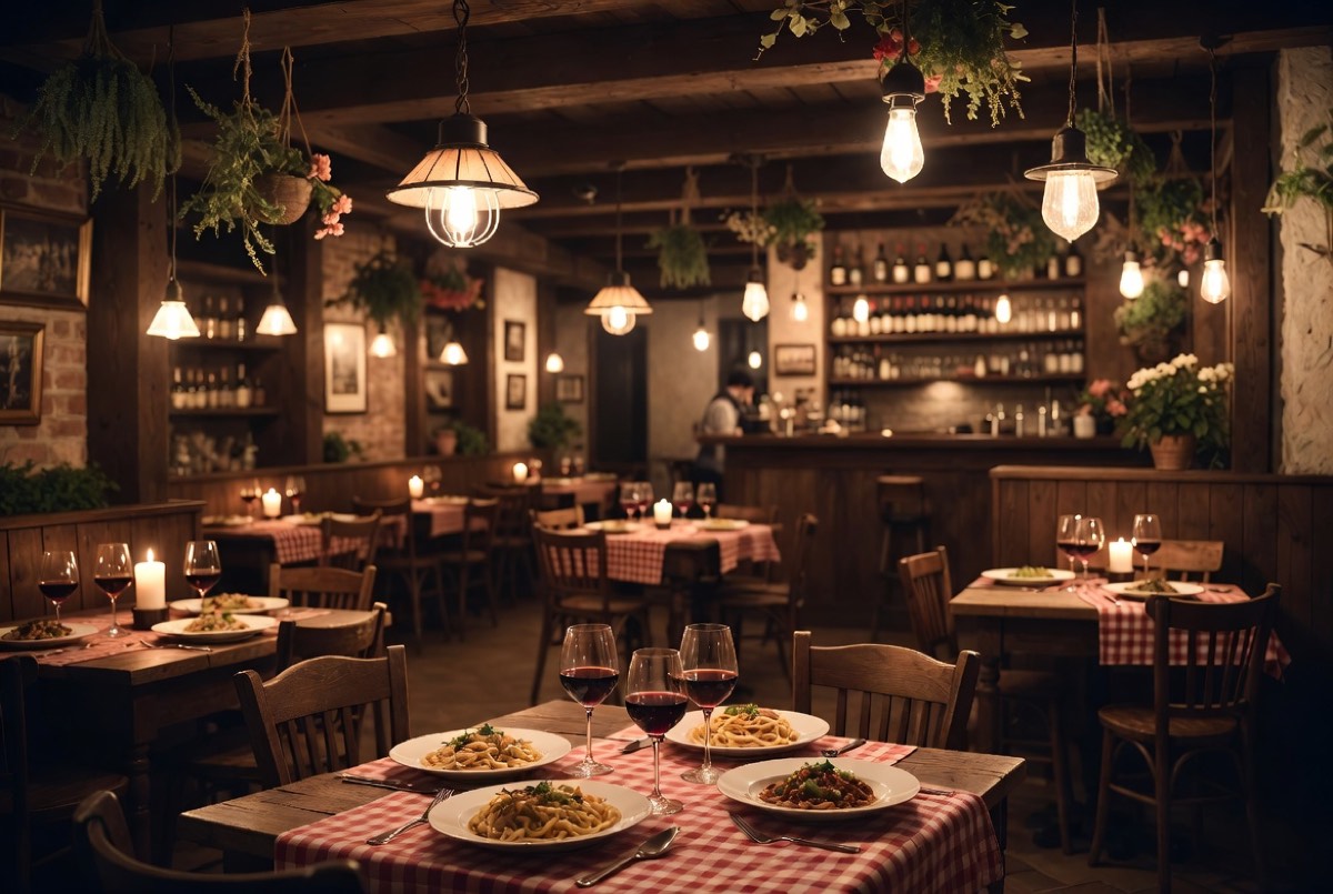 La sala dell'osteria a lume di candela, tavoli apparecchiati